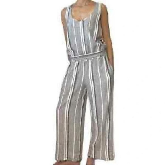 Cloth & Stone Gray Striped Sleeveless Jump Suit linen blend size medium NWT - Picture 2 of 14